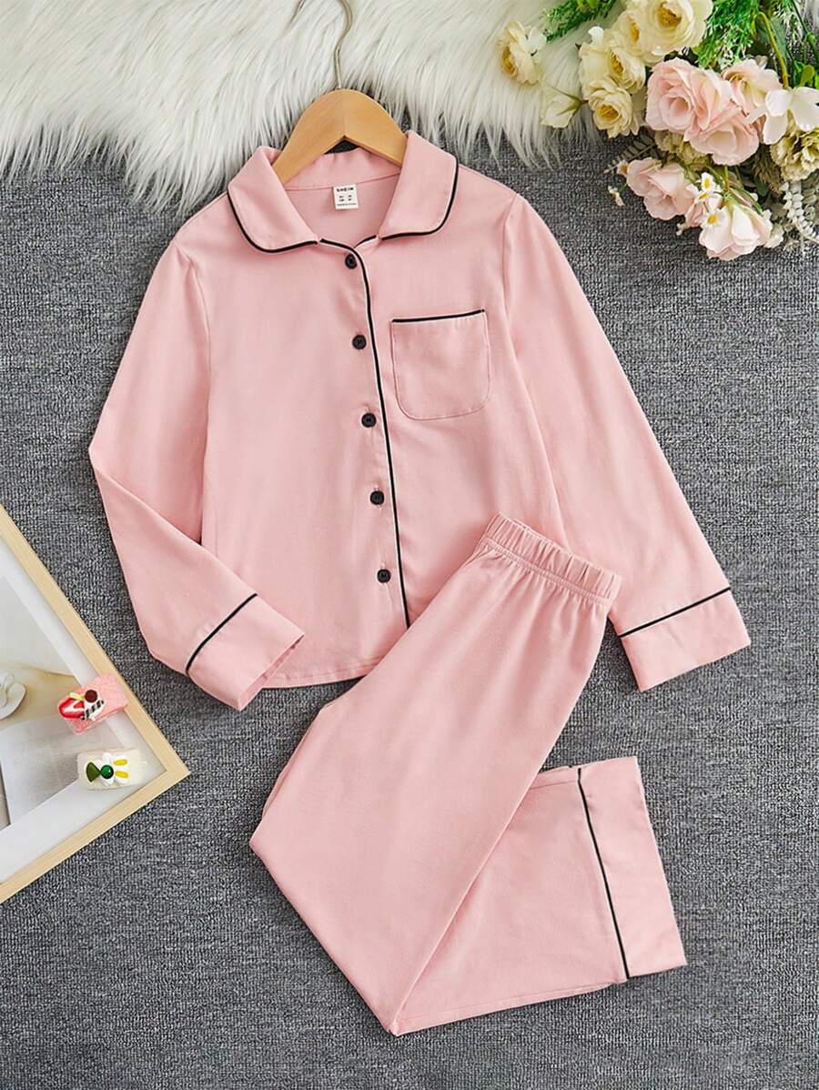 SHEIN Chica preadolescente Conjunto de pijama unido en contraste con botón delantero - Rosa - Ver 1