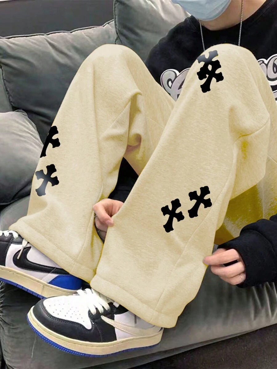 Manfinity EMRG 男士交叉印花腰部抽繩衛褲 - 杏色 - 查看 1