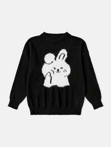 SHEIN Qutie 大碼兔子圖案落肩袖套頭毛衣 - 黑與白 - 查看 3