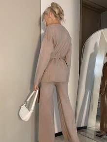 Drop Shoulder Belted Sweater & Knit Pants - Camel - View 2
