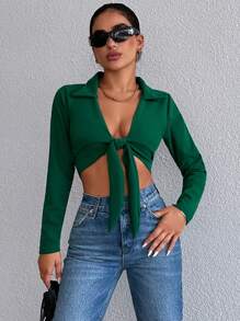 RueChic Tie Front Crop Jacket - Green - View 4