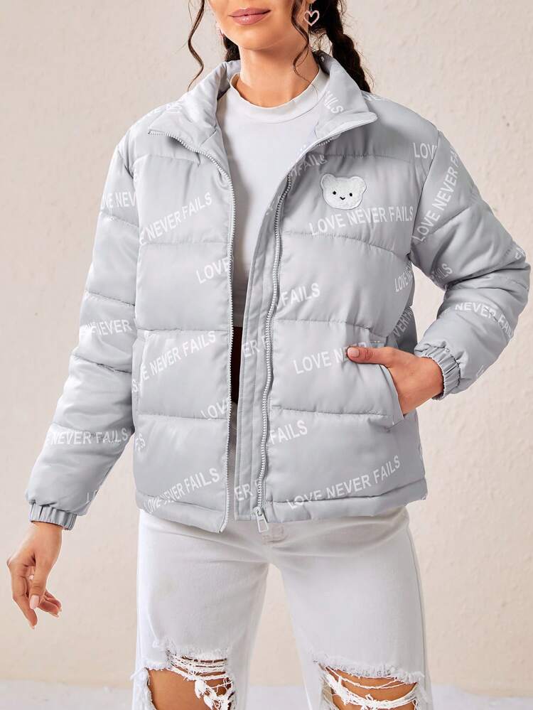Letter Graphic Bear Patched Zip Up Padded Coat