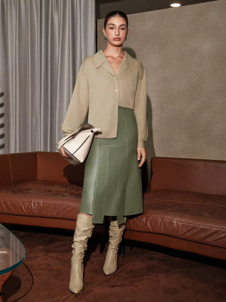 Solid Button Front Blouse Fall Cloth For Women