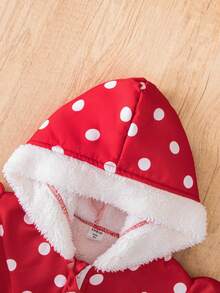 SHEIN Young Girl Polka Dot Print Ruffle Trim Hooded Thermal Lined Coat - Red - View 5