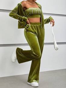 SHEIN EZwear 素色絲絨夾克和字母水鑽裝飾抹胸上衣和喇叭褲 - 軍綠色 - 查看 1