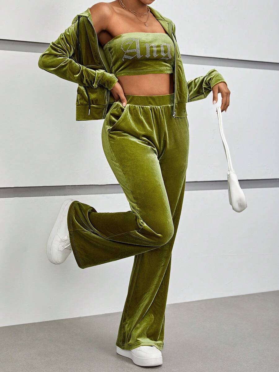 SHEIN EZwear 素色絲絨夾克和字母水鑽裝飾抹胸上衣和喇叭褲 - 軍綠色 - 查看 1