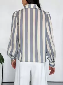 Firerie Women's Loose Front Button Tie Collar Long Sleeve Casual Shirt - Blue and White - View 2