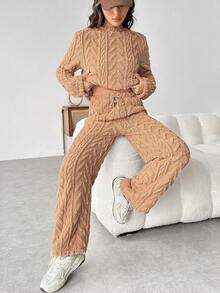 SHEIN EZwear Chất rắn Teddy Áo nỉ & Nút eo Quần - Xám - Xem 5