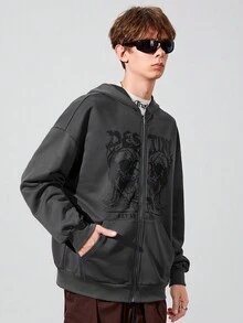 SHEIN Thiếu niên con trai Sọ Và Đồ họa Khẩu hiệu Dây kéo Áo nỉ có mũ - Xám - Xem 4