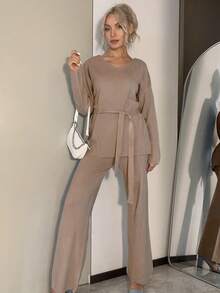 Drop Shoulder Belted Sweater & Knit Pants - Camel - View 5