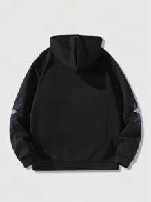 ROMWE MEN Goth Men Letter & Cross Print Zip Up Drawstring Hoodie - Black - View 2