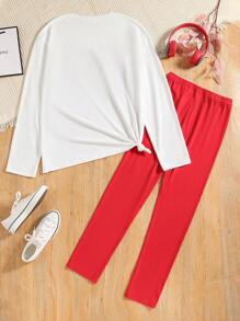 Thiếu niên cô gái Đồ họa Chữ cái Áo thun và Leggings - Đỏ và trắng - Xem 2