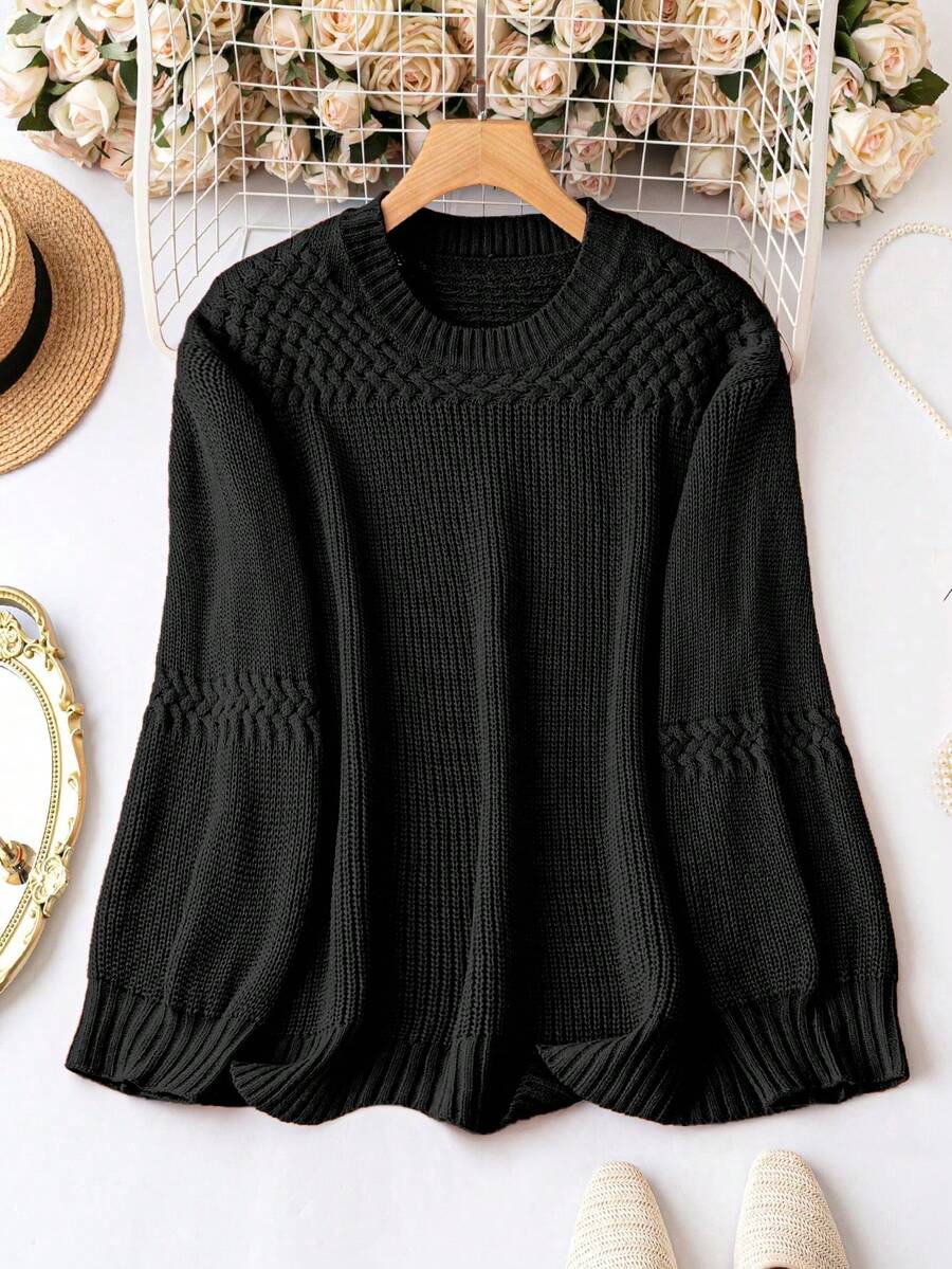 SHEIN LUNE 大碼素色燈籠袖套頭毛衣 - 黑色 - 查看 1