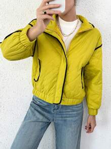 SHEIN Essnce Contrast Binding Drop Shoulder Quilted Coat - Olive Green - View 6