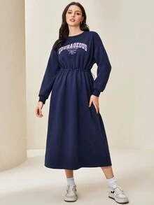 Mulvari Đồ họa Chữ cái Thả vai Eo dây rút Đầm nỉ - Màu xanh lam - Xem 3