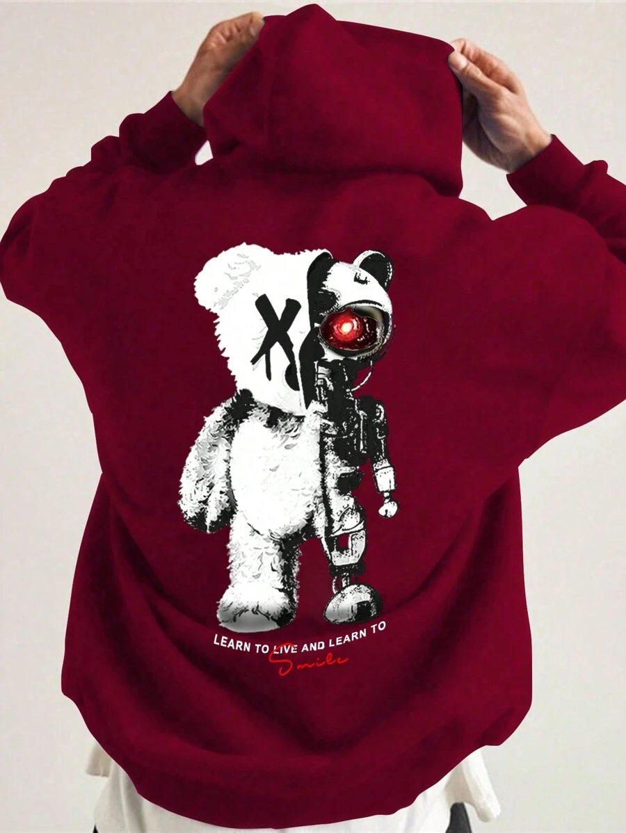 Manfinity 男士熊和標語圖案袋鼠口袋抽繩連帽衫 - 酒紅色 - 查看 1