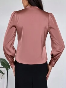 SHEIN Privé Solid Surplice Neck Puff Sleeve Blouse - Dusty Pink - View 2