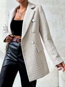 SHEIN Cottnline Plaid Lapel Neck Button Detail Blazer - بيج - مشاهدة 3