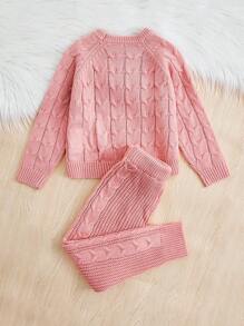 年輕女孩絞花針織插肩袖毛衣和針織褲 - 粉色 - 查看 2