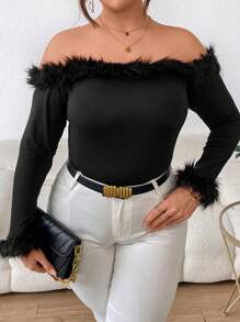 SHEIN Privé Hơn Off Shoulder Trang trí Fuzzy Áo thun - màu đen - Xem 3