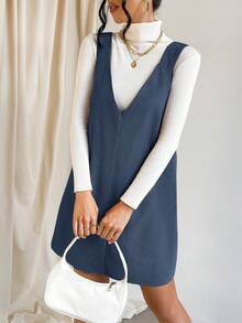 SHEIN EZwear Chất rắn Đầm Tổng thể Không có áo len - Màu xanh lam - Xem 3