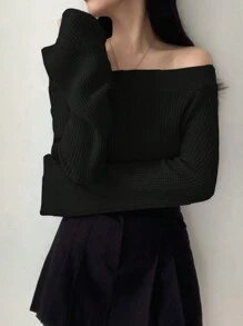 DAZY Suéter de punto acanalado de manga raglán hombros descubiertos para otoño - Negro - Ver 3