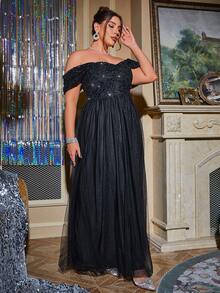 Glamaker Plus Off Shoulder Contrast Sequin Mesh Formal Dress - Black - View 5