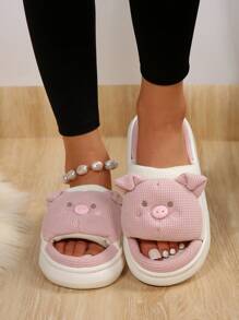 Fashion Piggy Ladies Home Slippers Flat Cartoon Slippers - Brown - View 3