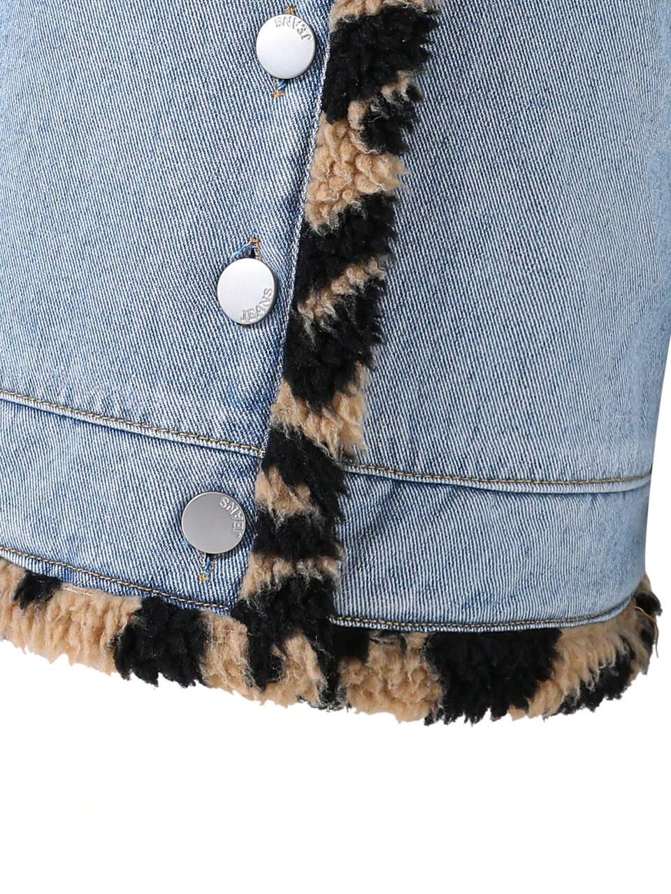 Young Girl Contrast Leopard Teddy Hooded Denim Jacket