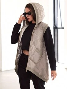 SHEIN Cottnline Slant Pockets Hooded Vest Onion Quilted Coat - Beige - View 3
