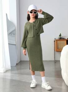 SHEIN Tween Girl Fitted College Lantern Sleeve Woolen Striped Cardigan Slit Long Tank Top Two-Piece Set - Olive Green - View 1