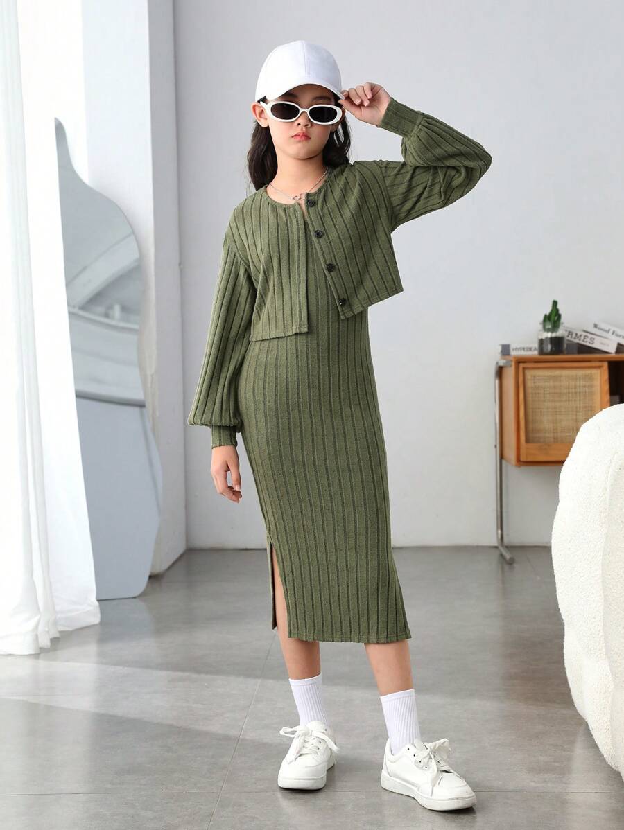 SHEIN Tween Girl Fitted College Lantern Sleeve Woolen Striped Cardigan Slit Long Tank Top Two-Piece Set - Olive Green - View 1