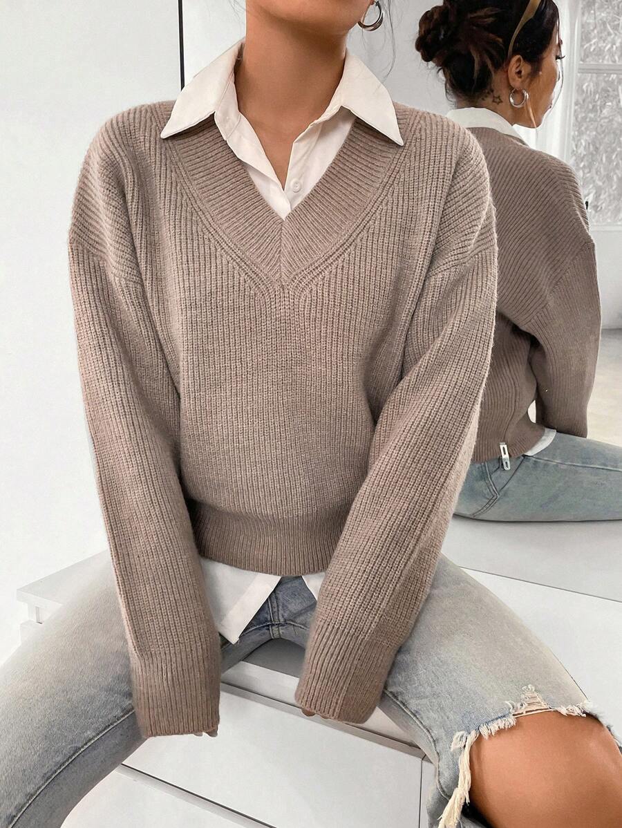SHEIN Unity Suéter holgado y casual de cuello en V de manga larga para mujer, otoño/invierno - Camel - Ver 1