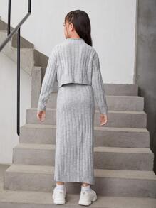 Cô gái Tween Cổ giả Thả vai Sweater & Knit Skirt - Xám - Xem 2