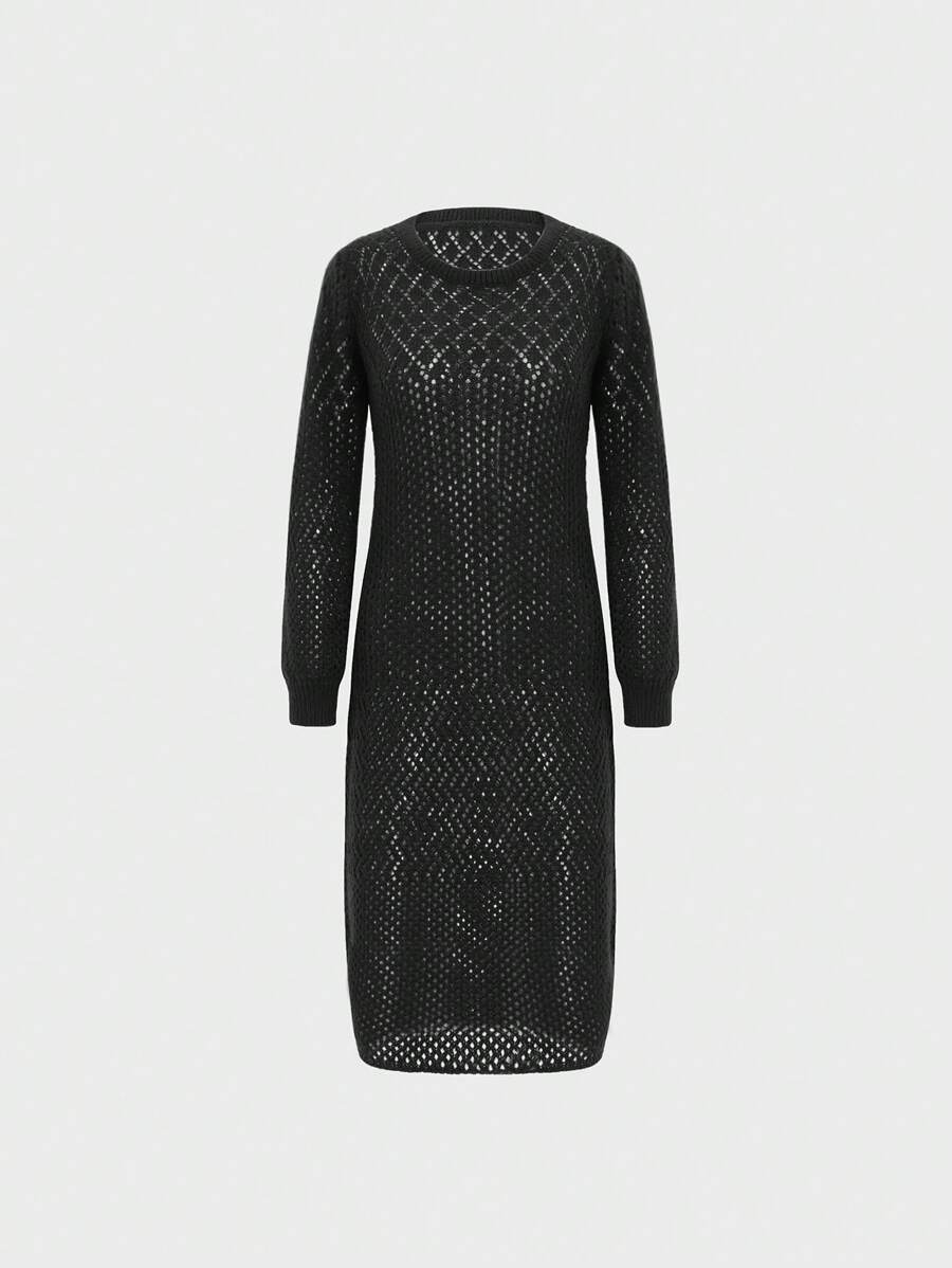 SHEIN Unity Solid Pointelle Knit Sweater Dress - Black - View 1