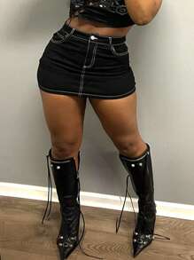 Top-stitching Bodycon Denim Skirt - Black - View 1