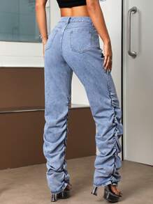 SHEIN ICON Solid Ruched Stacked Jeans