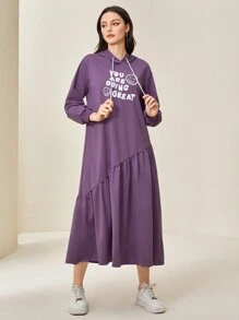 Mulvari Đồ họa Khẩu hiệu Xù Hoa Sen Dây rút Đầm có mũ - Màu tím - Xem 6
