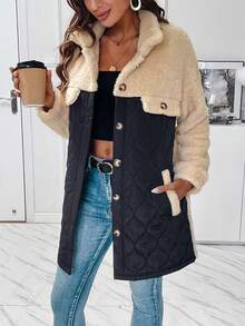 SHEIN Essnce Abrigo teddy de dos tonos de hombros caídos - Albaricoque - Ver 3