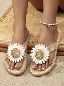 Women's Floral Embellished Casual Flat Rope Thong Sandals