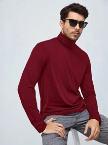 GENTILAND 男士素色高領T恤 - 酒紅色 - 查看 1