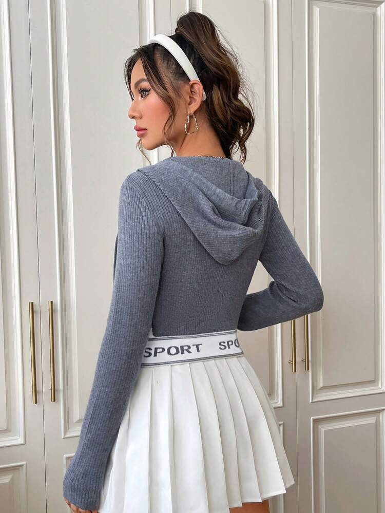 Letter Pattern Short Slim Fit Hooded Zipper Front Cardigan