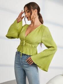SHEIN Privé 腰部抽繩喇叭袖荷葉邊下擺襯衫 - 綠色 - 查看 2