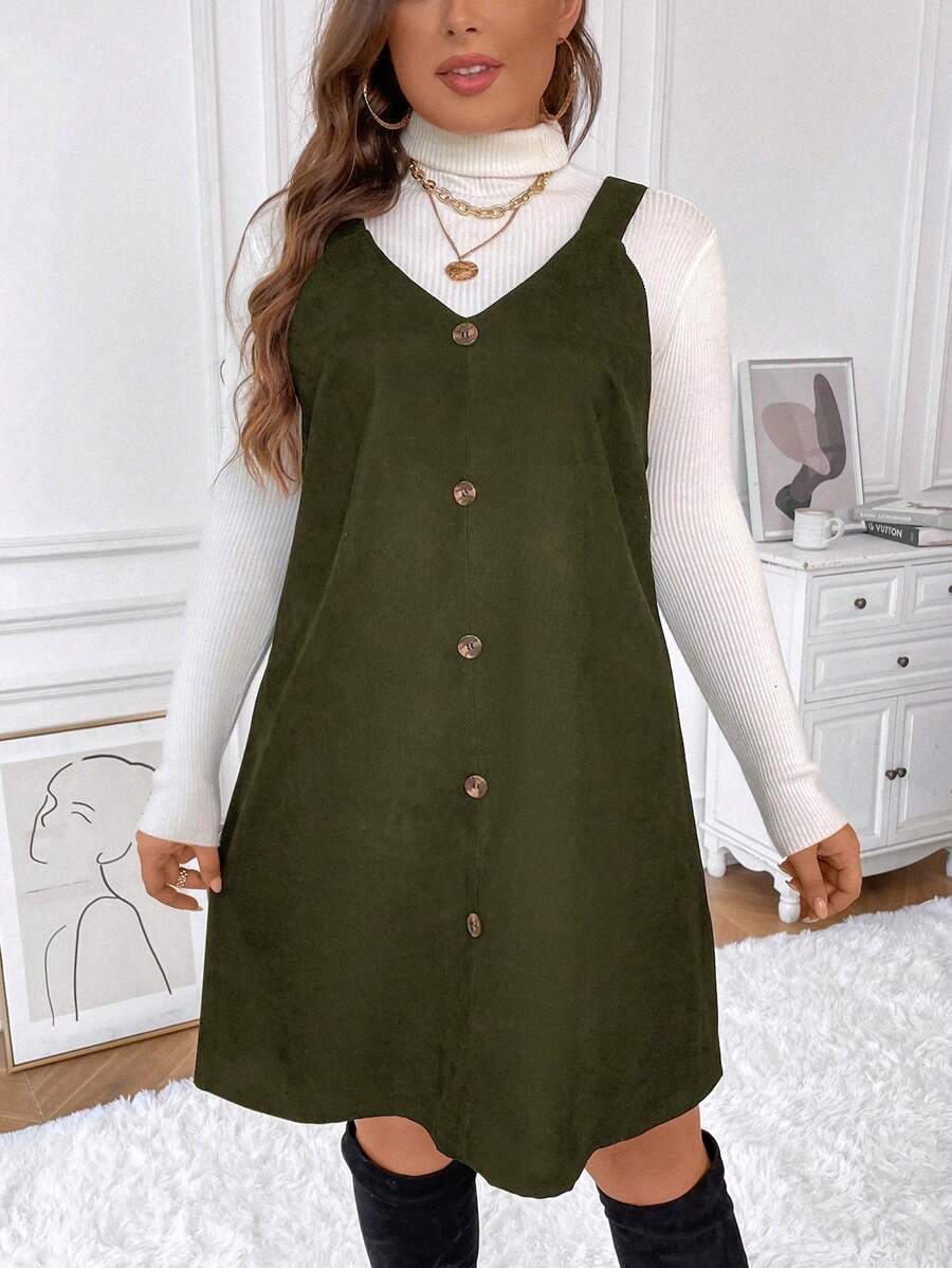 SHEIN Frenchy 大碼前紐扣背帶洋裝無毛衣 - 軍綠色 - 查看 1