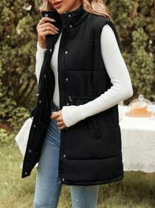 SHEIN LUNE Drawstring Waist Zip Up Puffer Vest Coat - Black - View 1