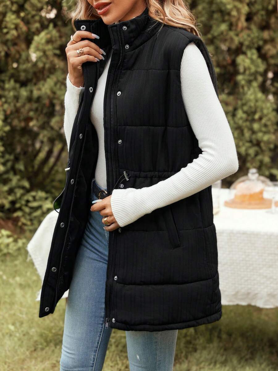 SHEIN LUNE Drawstring Waist Zip Up Puffer Vest Coat - Black - View 1