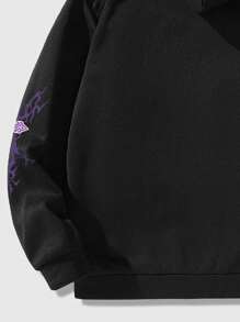 ROMWE MEN Goth Men Letter & Cross Print Zip Up Drawstring Hoodie - Black - View 4