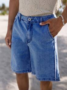 SHEIN Manfinity Hypemode Men Slant Pocket Bermuda Denim Shorts - Dark Wash - View 5