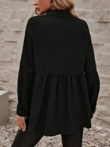 SHEIN LUNE Flap Pocket Ruffle Hem Button Front Shirt - Black - View 2