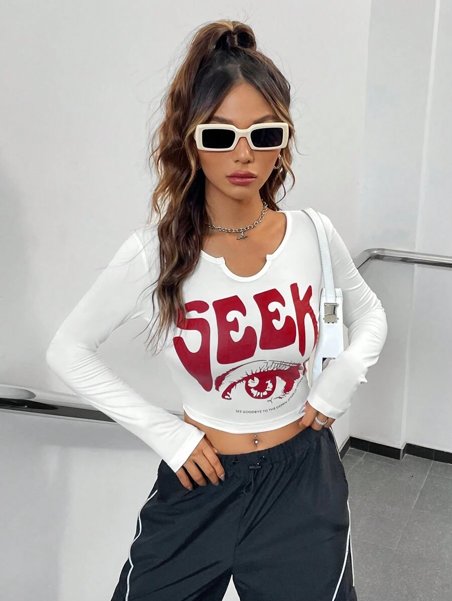 SHEIN Coolane Đồ họa mắt & chữ Cổ có Lỗ hổng Áo phông Crop - trắng - Xem 1